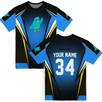 bird logo 3d tshirt custom bold symmetry motif blue black fashion forward.webp